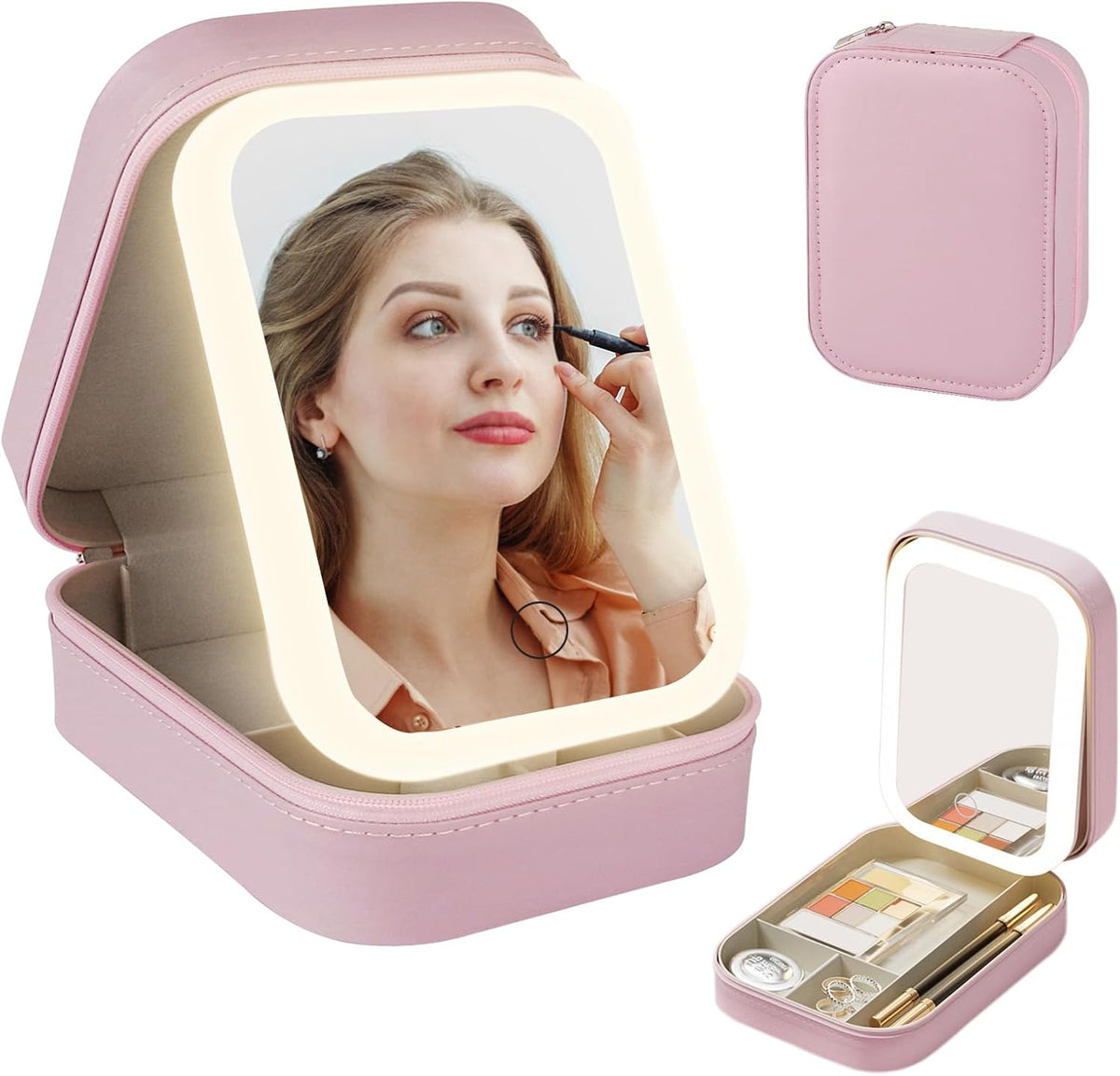 Trousse de maquillage de voyage portable avec miroir LED 3 couleurs