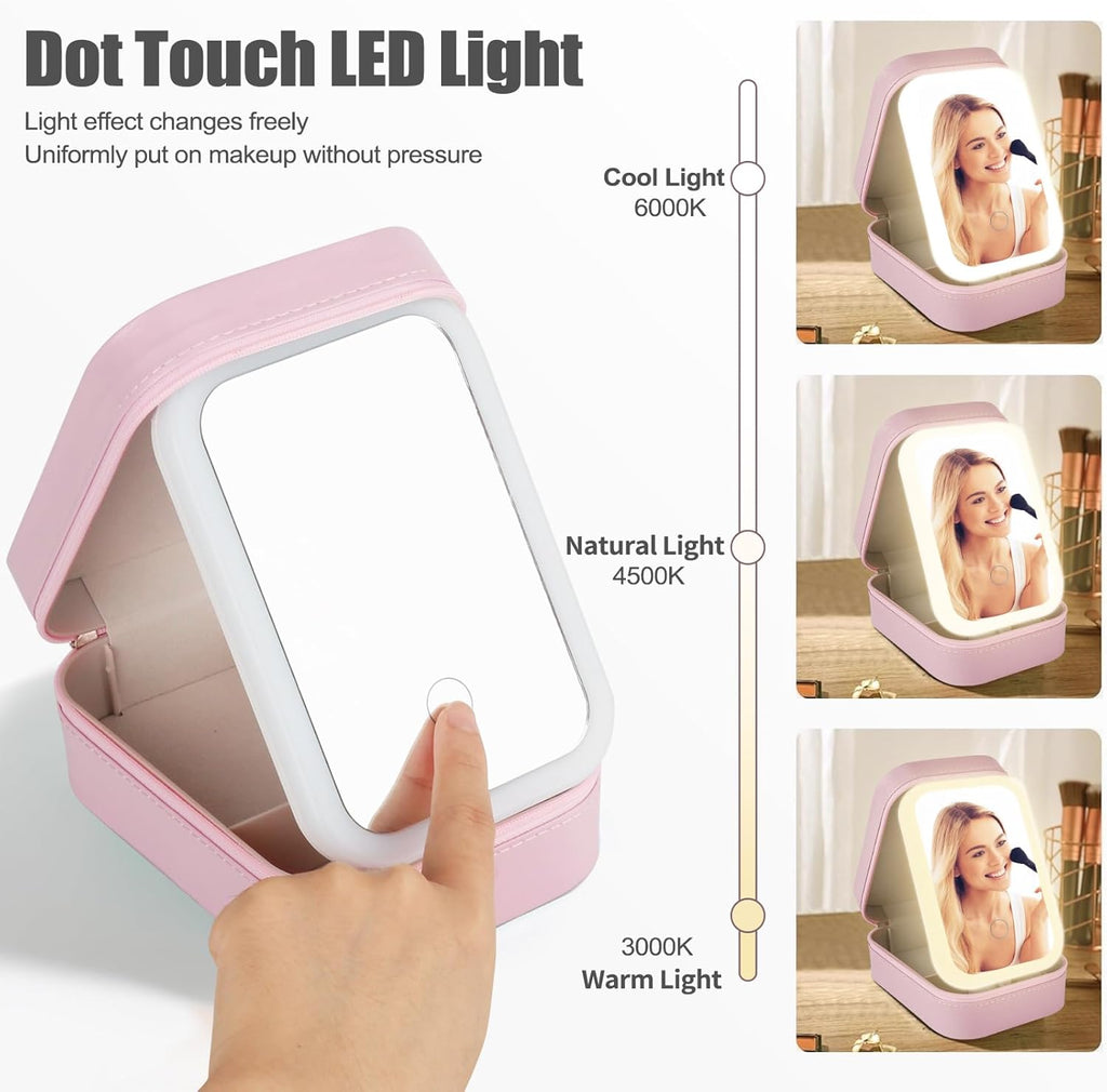 Trousse de maquillage de voyage portable avec miroir LED 3 couleurs