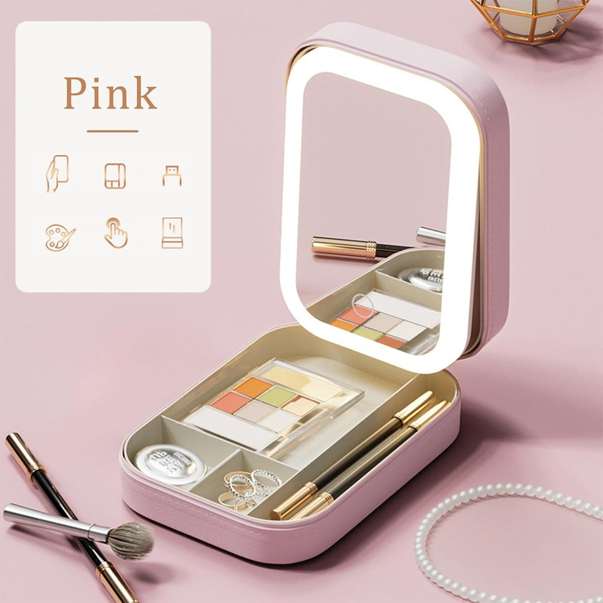Trousse de maquillage de voyage portable avec miroir LED 3 couleurs